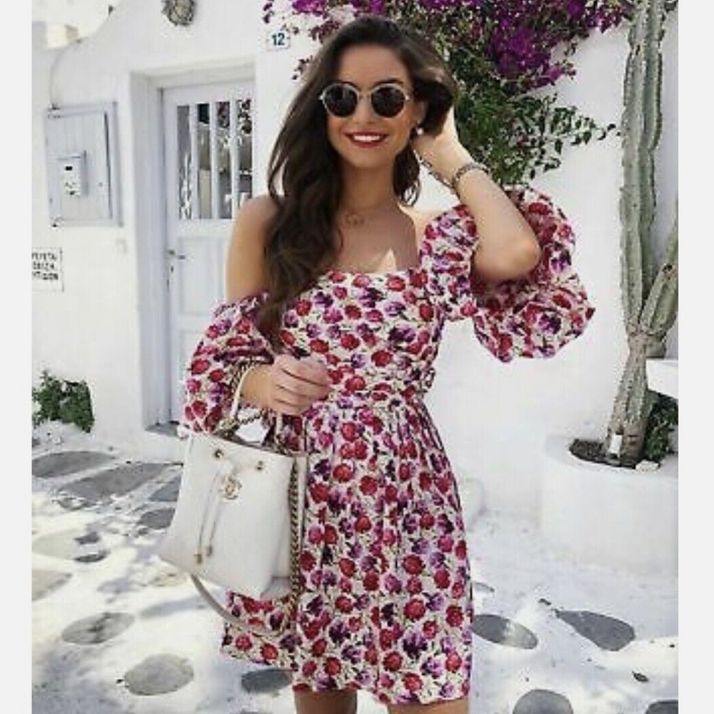 ZARA off shoulder mini dress floral print cream